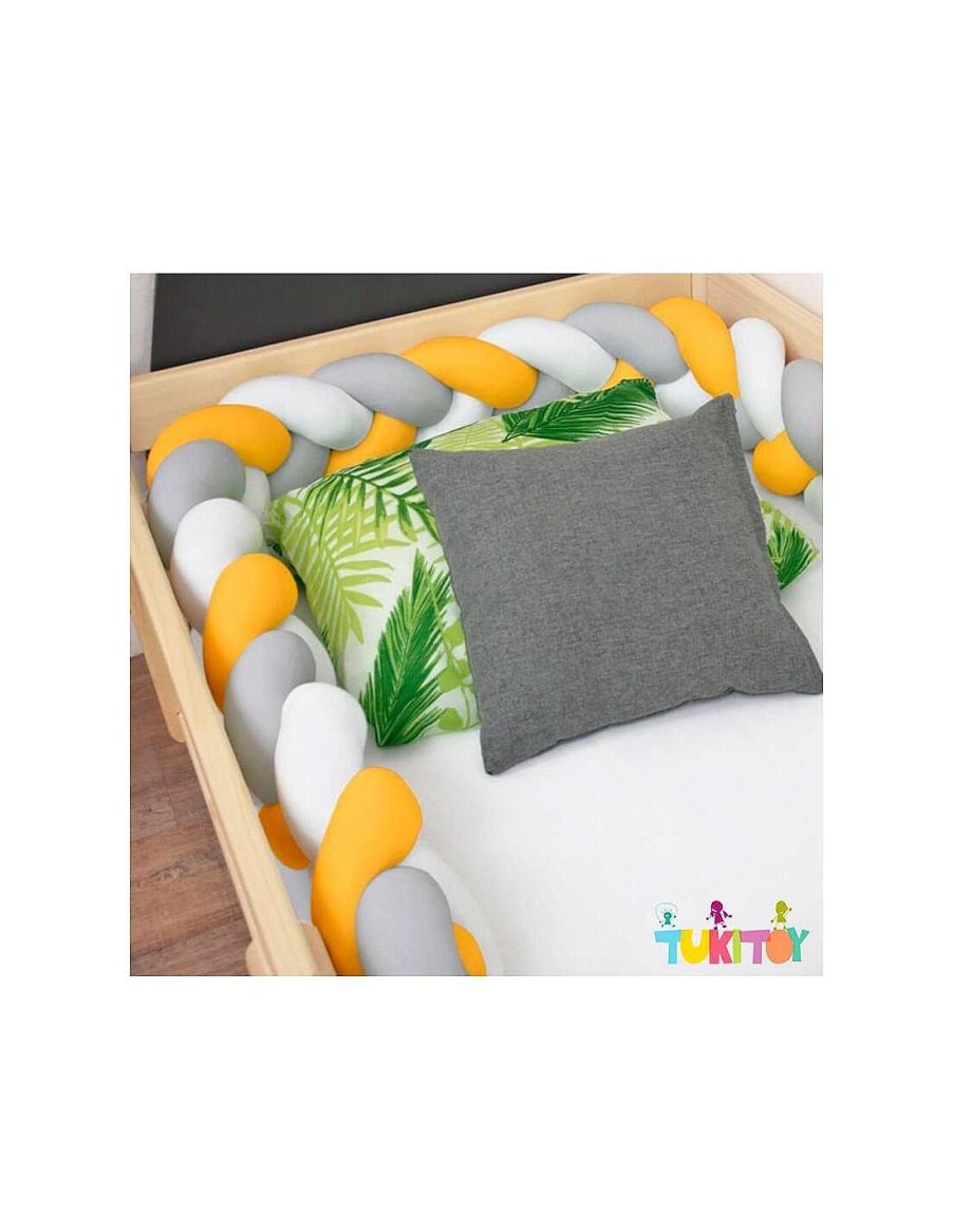 Mobiliario TukiToy | Protector De Cuna O Cama Trenza Tejida De Algod N Amarillo Blanco Gris