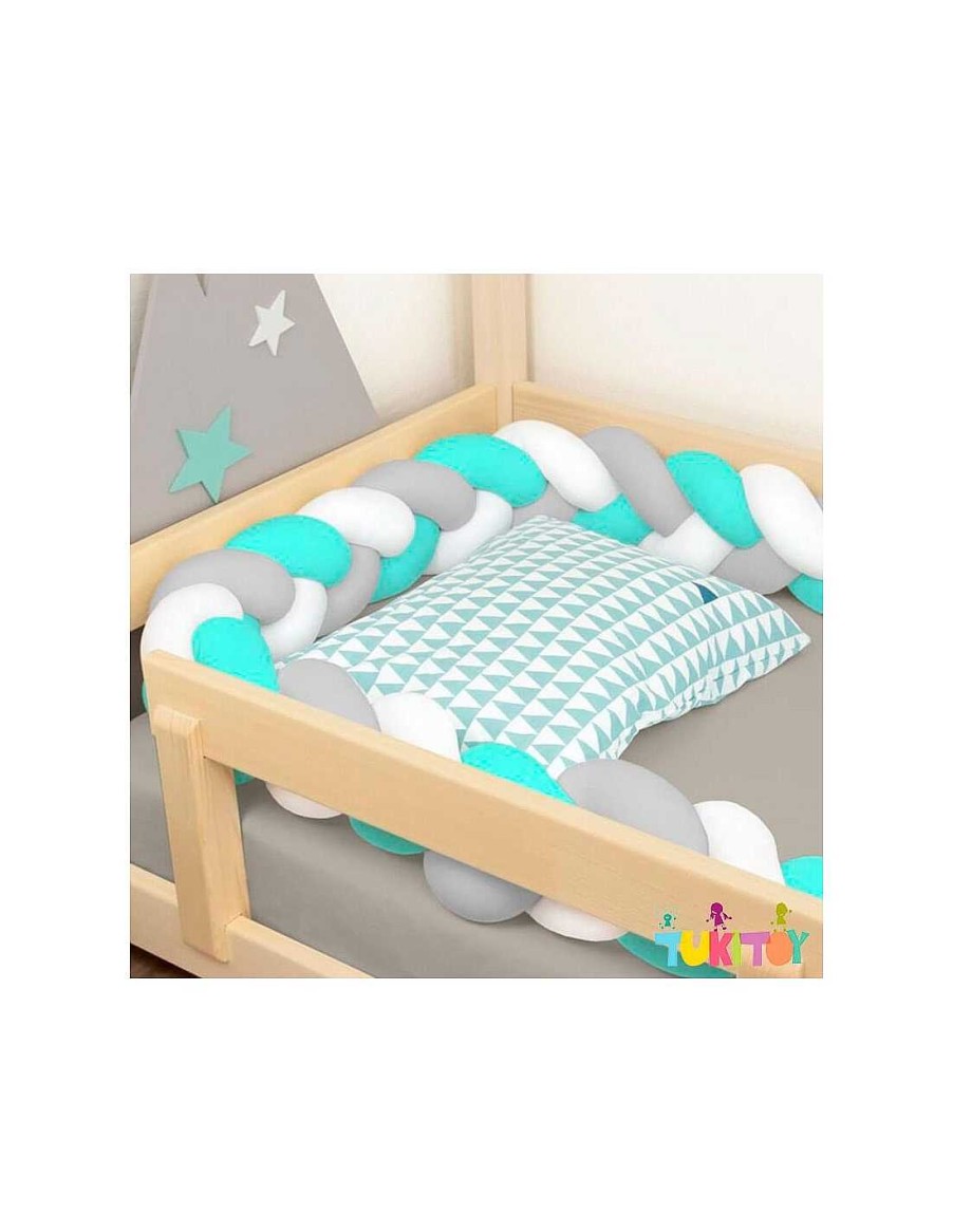 Mobiliario TukiToy | Protector De Cuna O Cama Trenza Tejida De Algod N Azul Blanco Gris